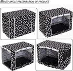 Black universal fit dog kennel jacket with white paw prints pattern placed in living room