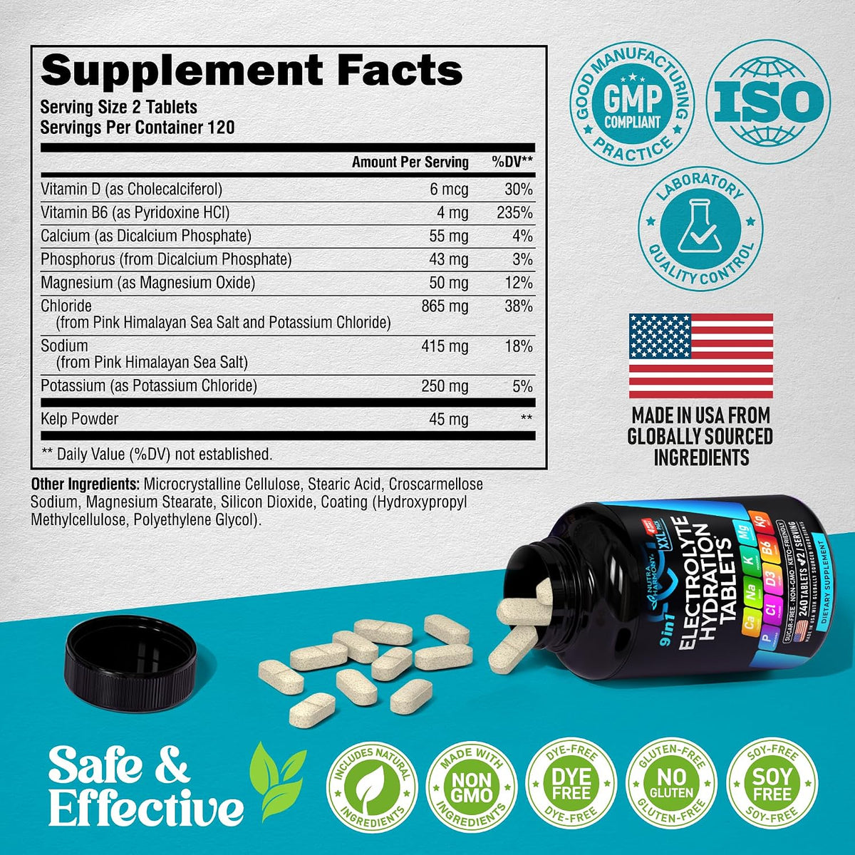 NutraHarmony electrolyte tablets highlighting vitamins D3 and B6
