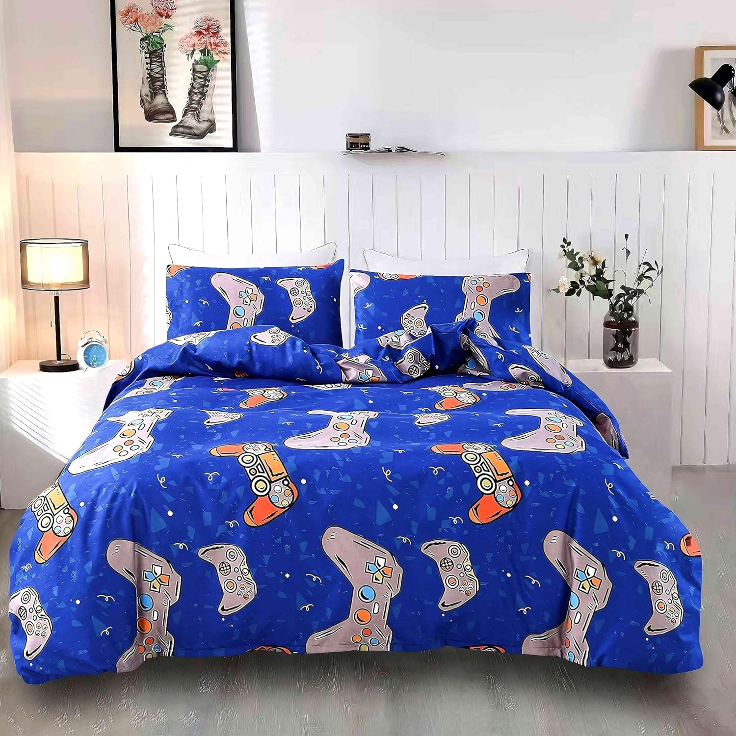 SDIII blue gamer twin duvet cover set laid out flat on a kids bed showing gaming controller patterns