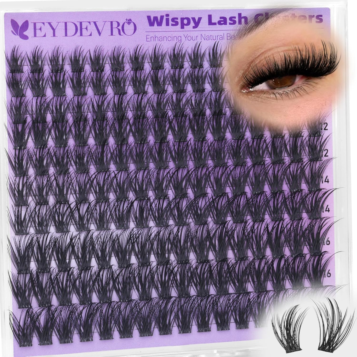 EYDEVRO Wispy Lash Clusters front view of the complete packaging tray showing mixed lengths.