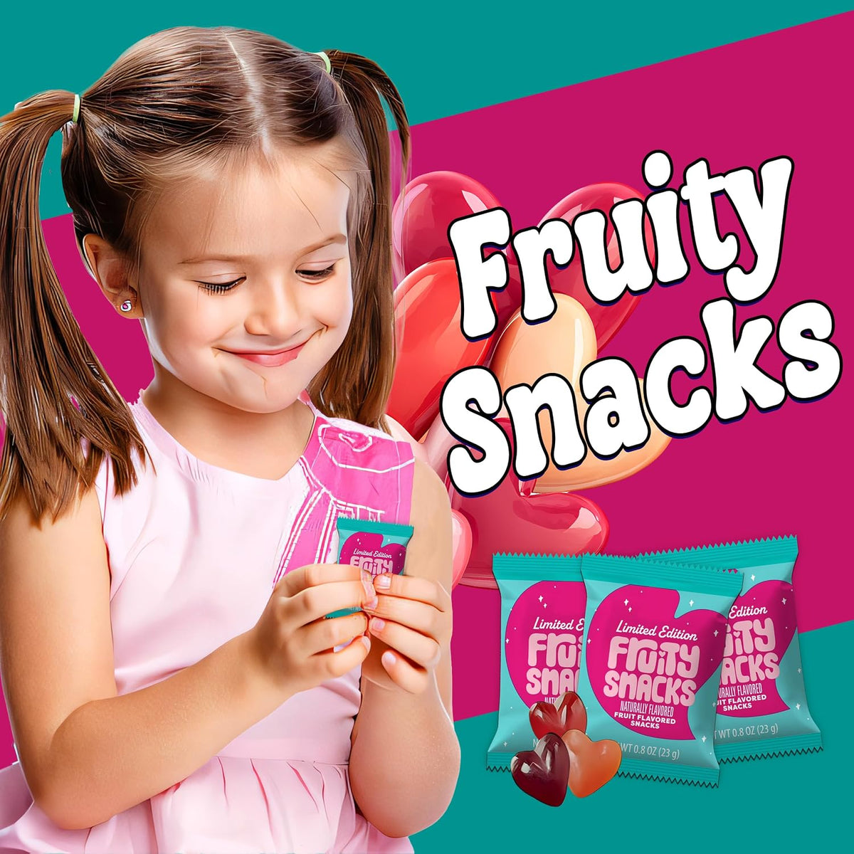 Individually wrapped gluten free Valentine fruit snacks scattered.