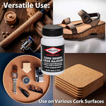 Fiebing's Kelly's Cork Renew Sealer bottle next to a treated cork sandal footbed