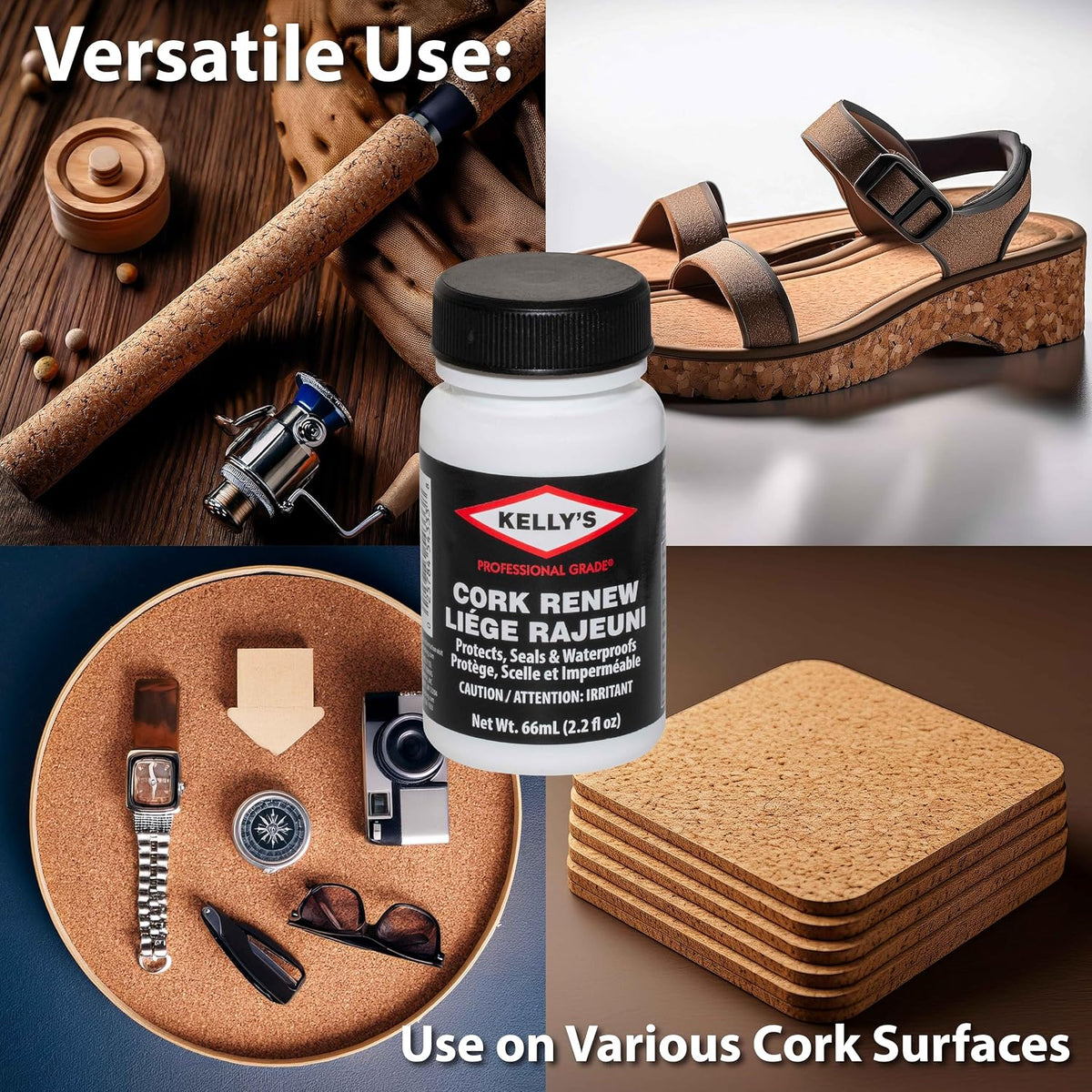 Fiebing's Kelly's Cork Renew Sealer bottle next to a treated cork sandal footbed