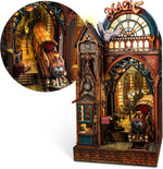 FUNPOLA LED 3D puzzle magic station book nook kit front view on a packed bookshelf showing glowing lights