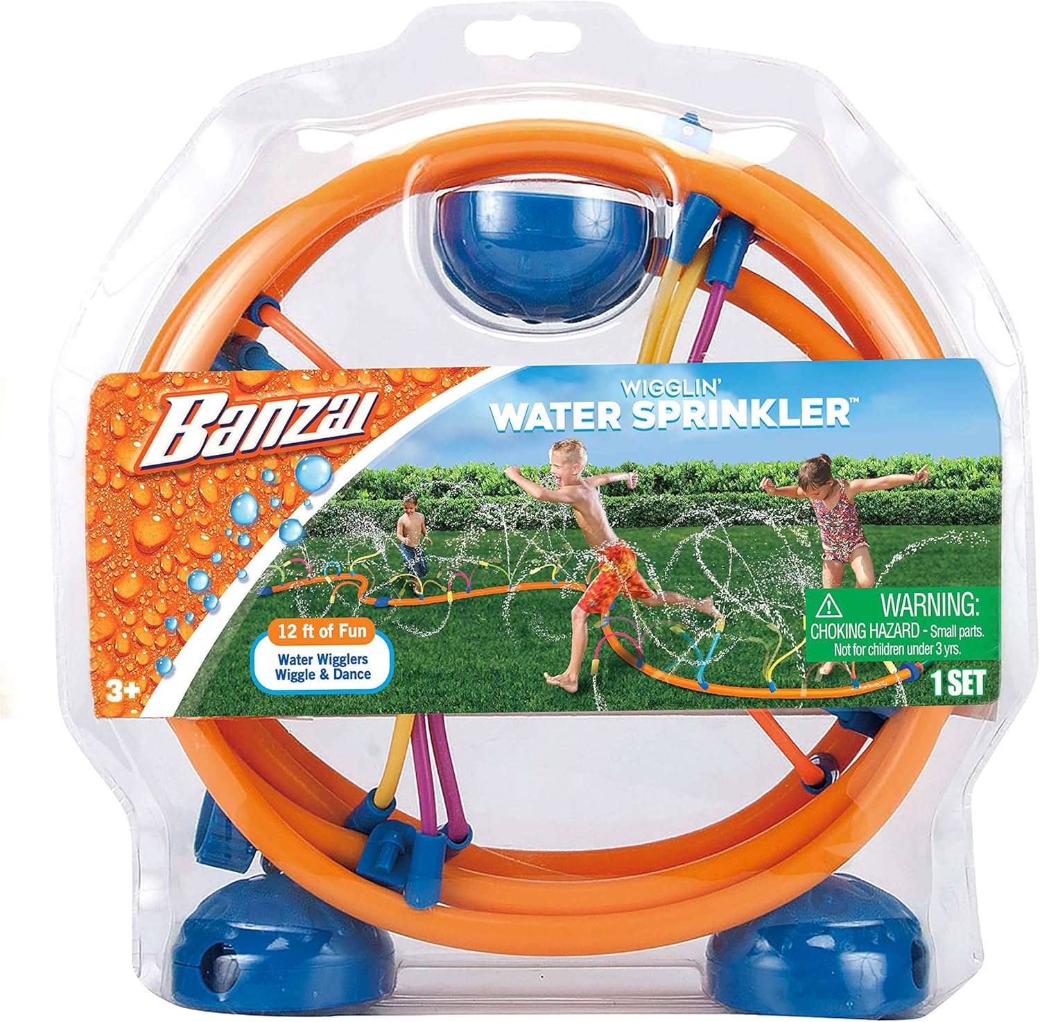 Banzai Wigglin Water Sprinkler twelve foot long orange outdoor backyard lawn toy front view