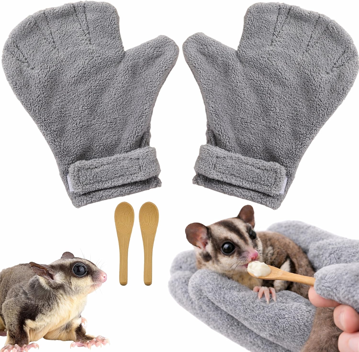Abel Crafts sugar glider bonding mitts and mini feeding spoons front view for small pet care.