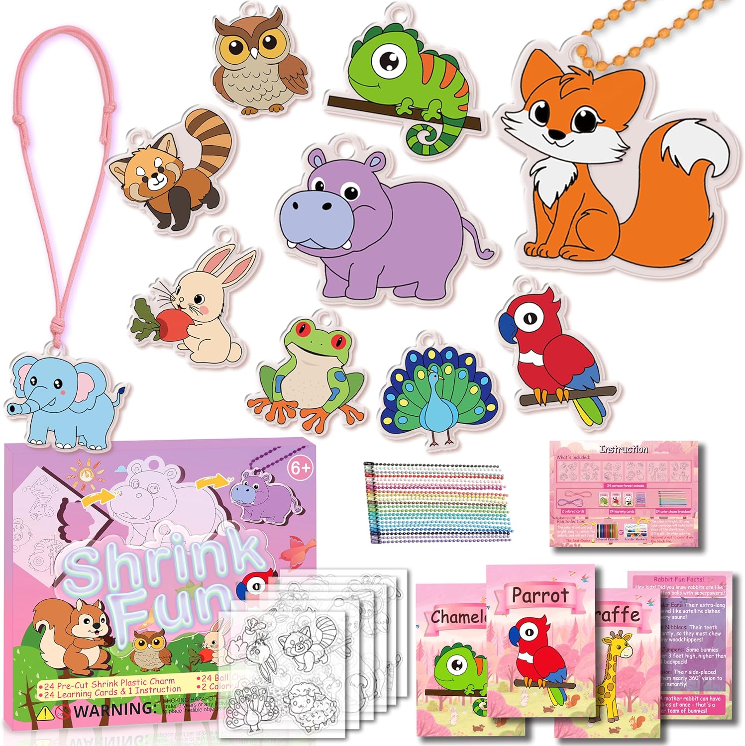 Vicentorra Shrink Fun 75 Piece Craft Kit front view showing forest animal shrink sheets and colorful box packaging.