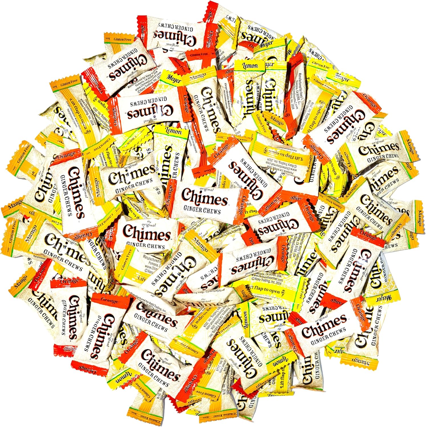 Chimes Tropical Mix Ginger Chews one pound bag front view showing fruit flavors