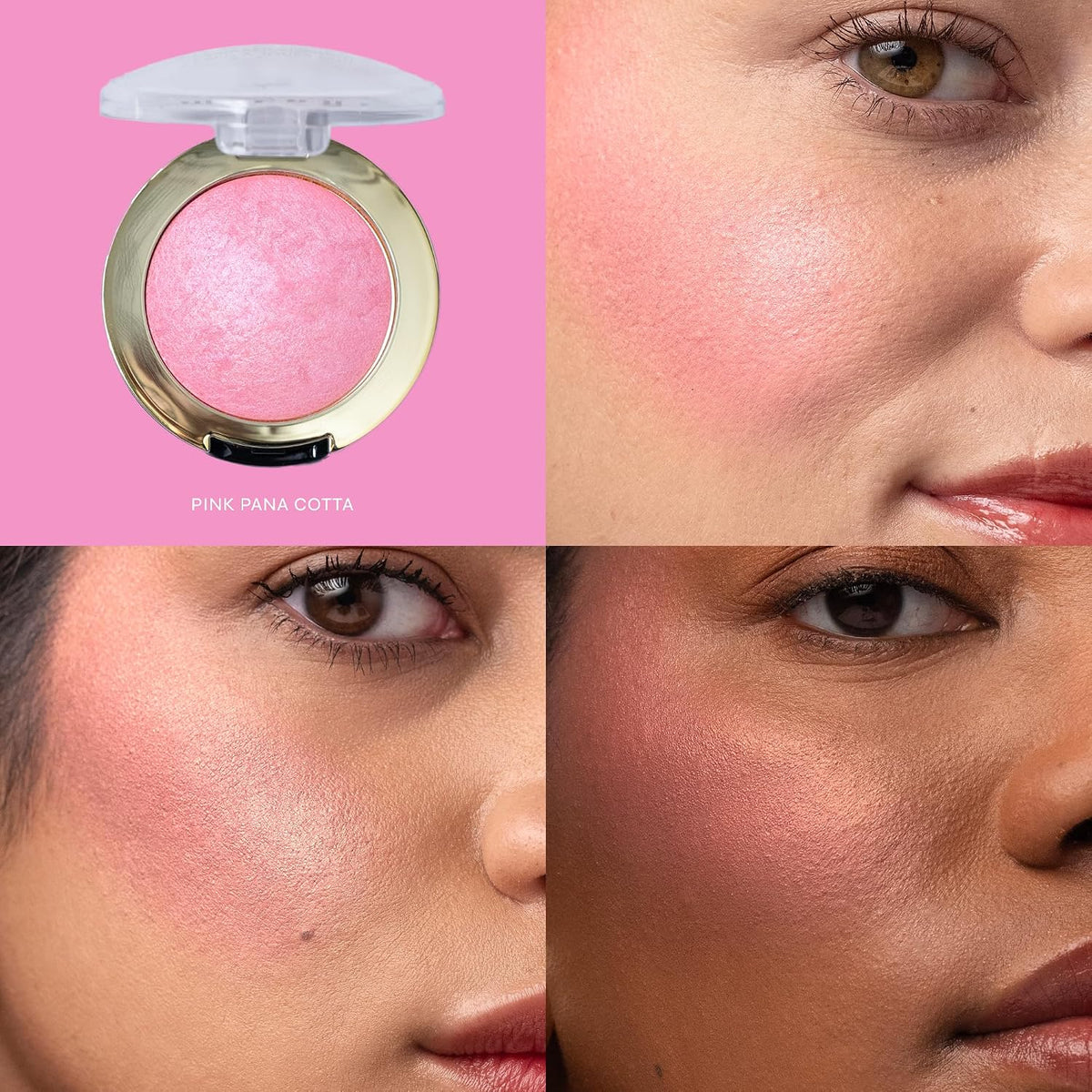 Milani Baked Blush Pink Panna Cotta swatch on fair to medium skin tones