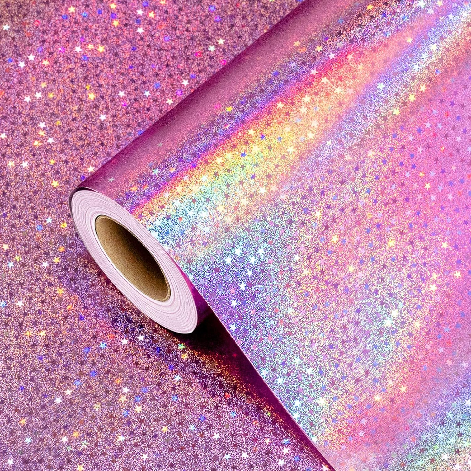 Burymento Pink Wrapping Paper Roll front view showcasing the shiny metallic holographic star pattern.