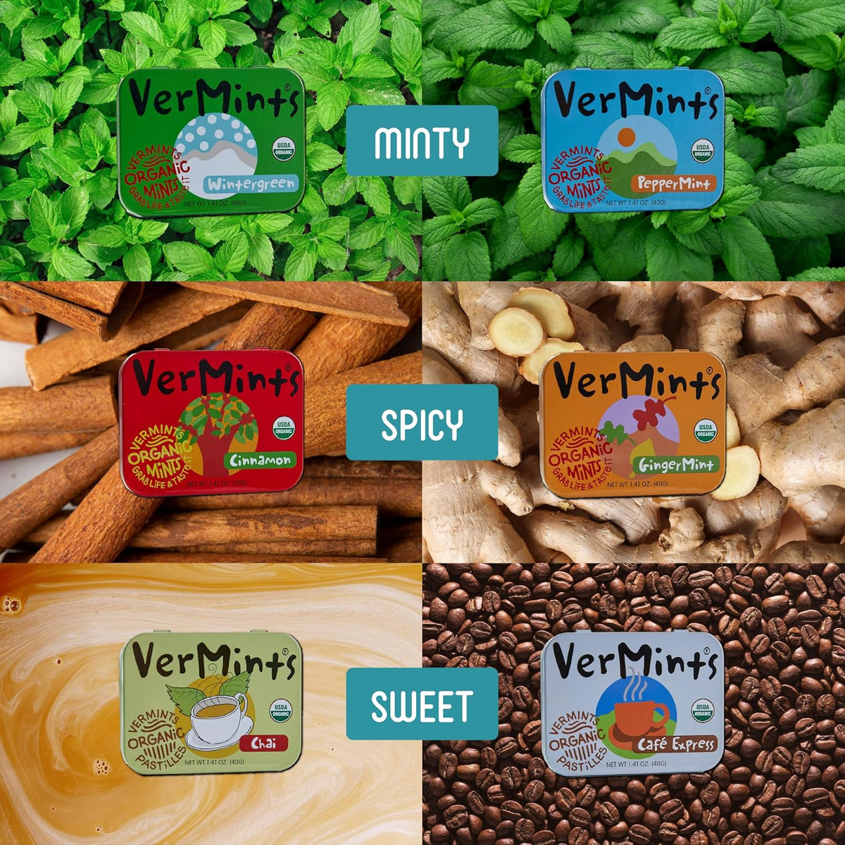 VerMints Wintergreen and Cinnamon organic breath freshener travel tins side view