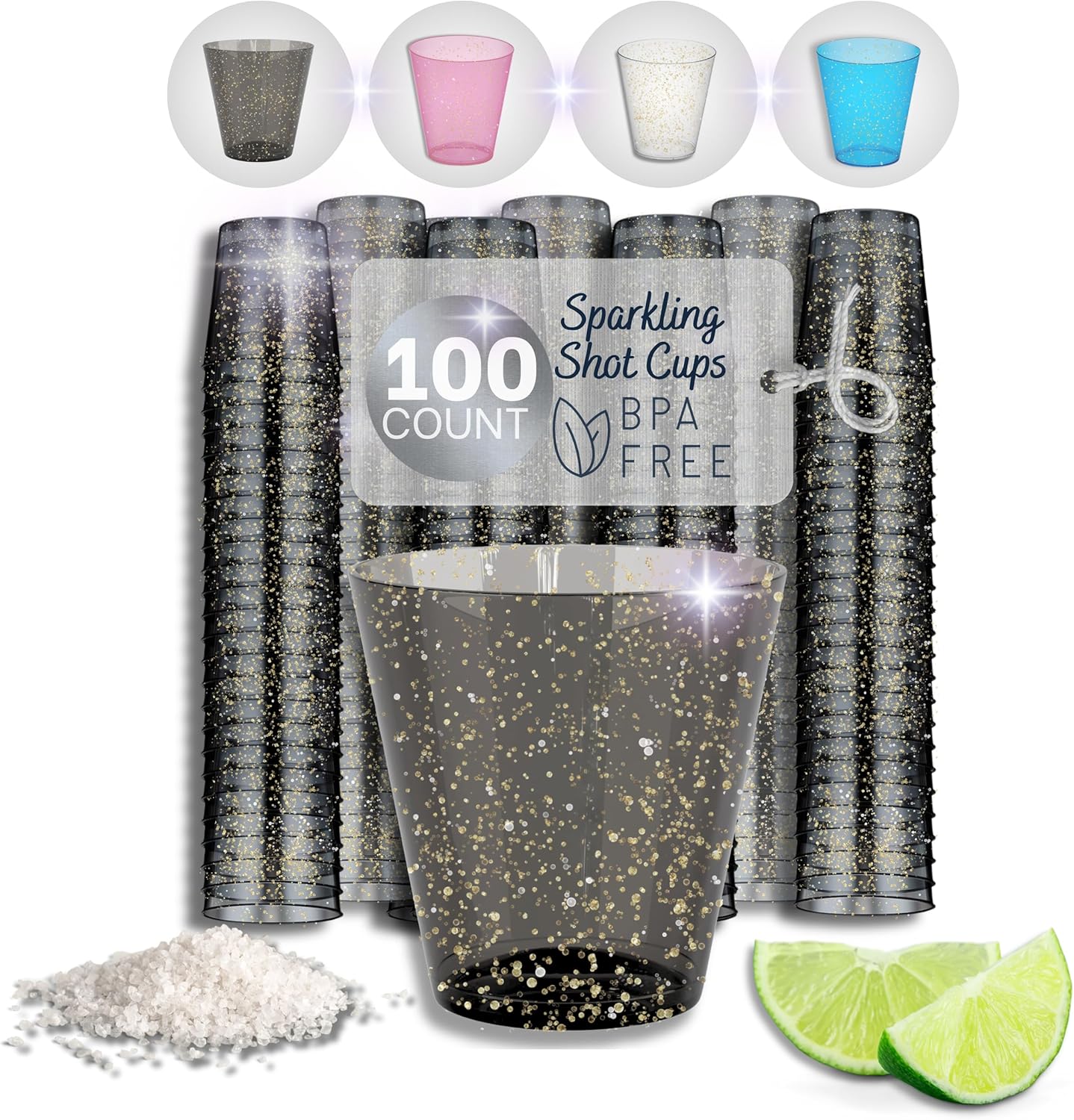 Stumbelina Black Sparkle Shot Glasses 100 count front view for parties.