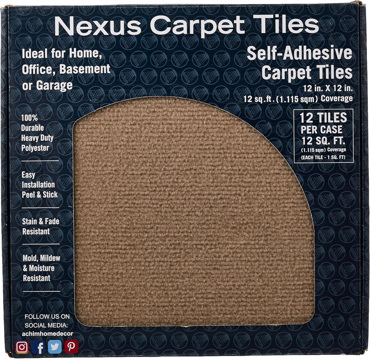 Achim self-adhesive carpet tiles stack showing ribbed texture