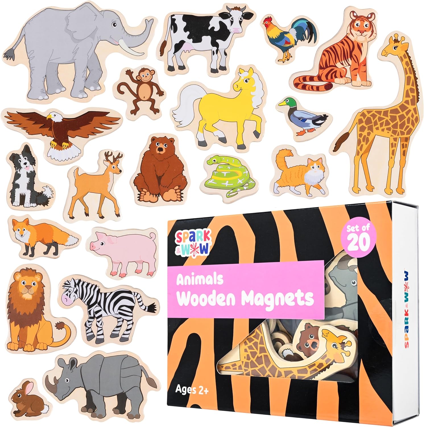 Spark And Wow Wooden Magnets Animals front view showing twenty colorful toddler toys arranged on a clean white background.