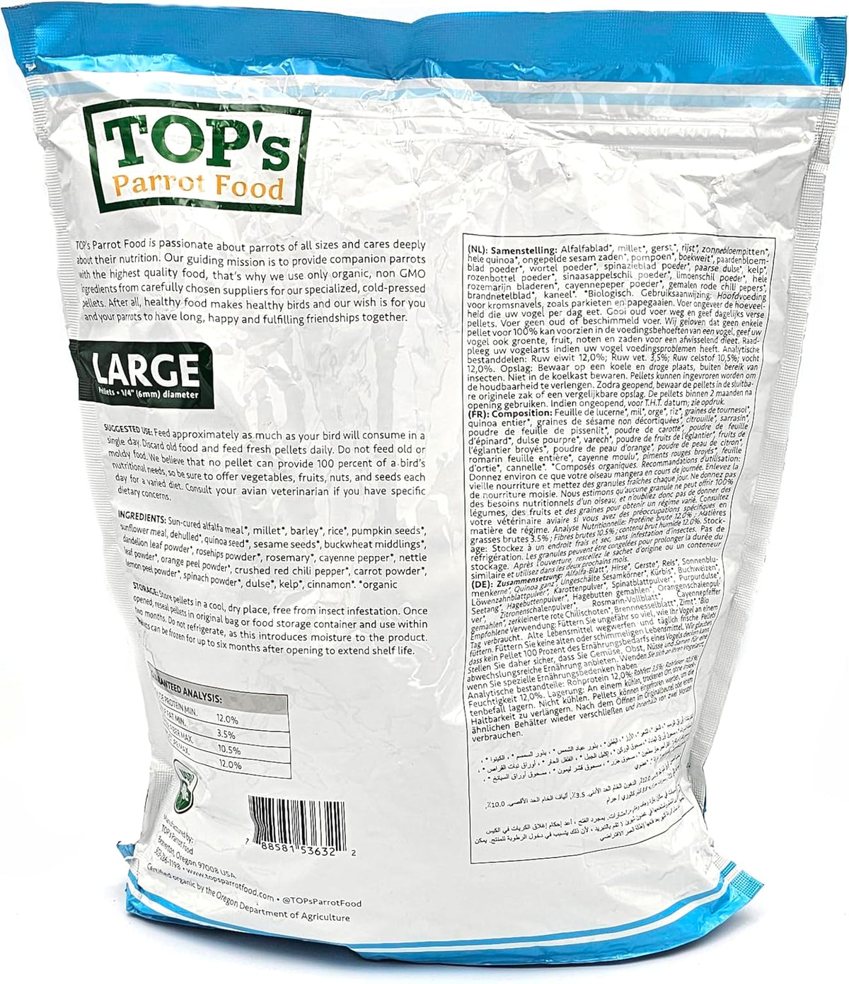 Back of the TOP's organic parrot food bag with ingredients