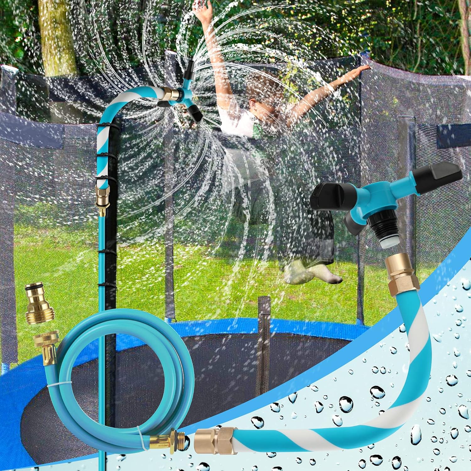 FCLLD Trampoline Sprinkler front view of three arm blue rotating nozzle attached to outdoor water park setup