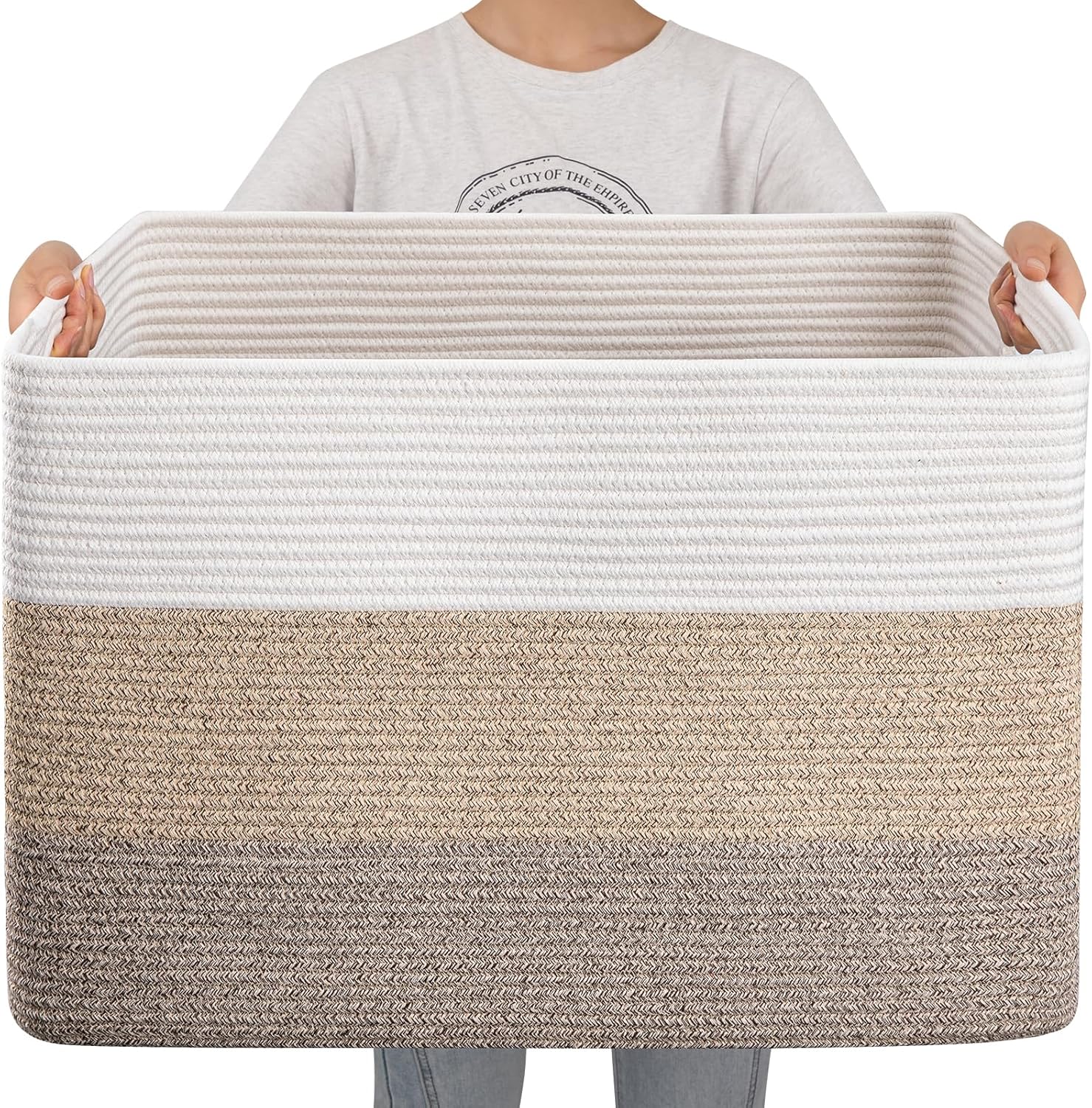 OIAHOMY 108L super large blanket basket front view gradient brown woven cotton storage