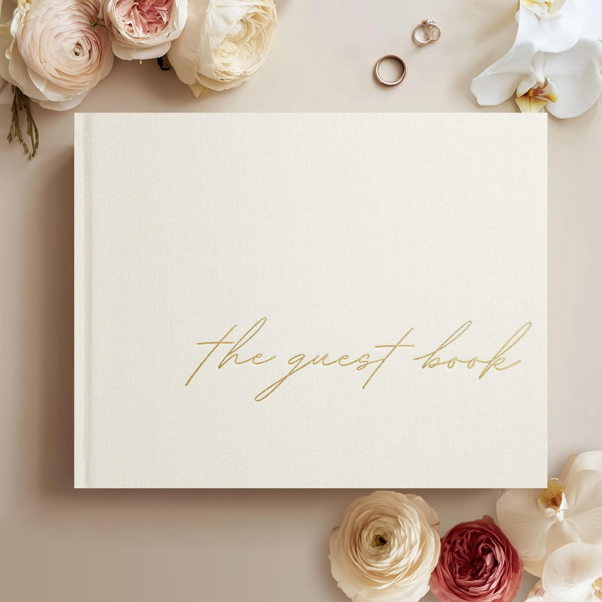 Paperell linen wedding guest book with gold foil cover front view