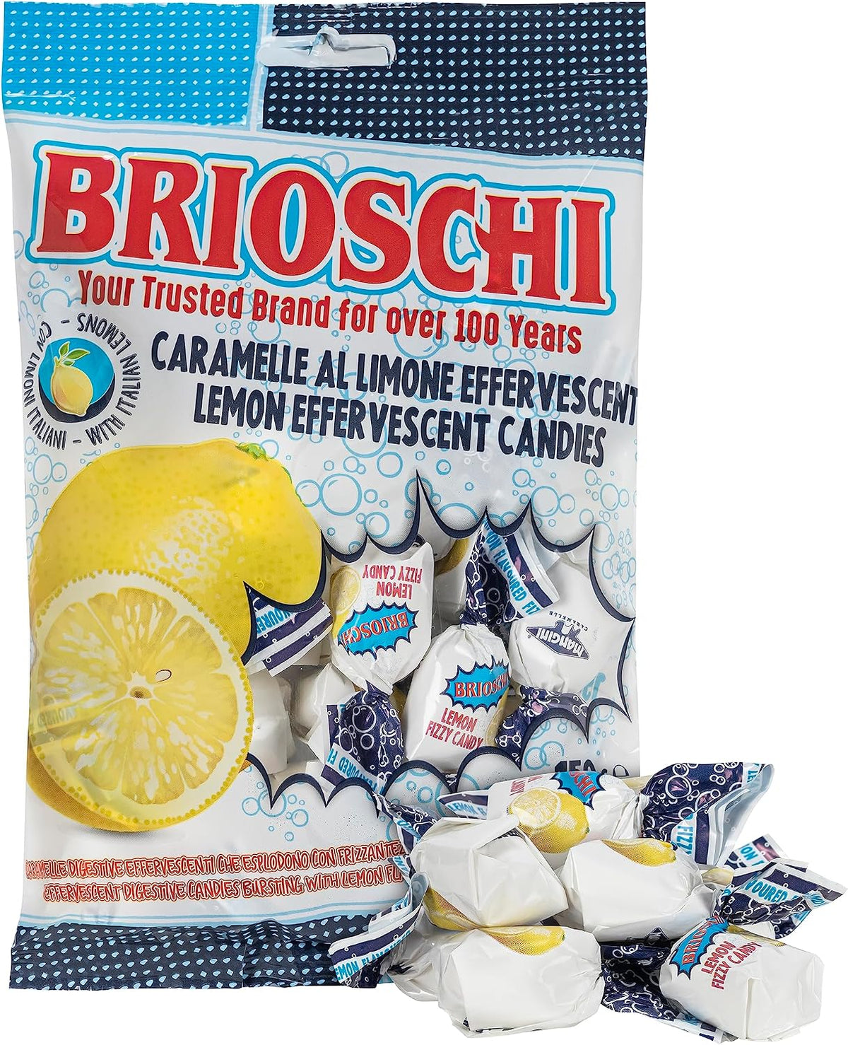 Brioschi Italian digestive candy bag displayed on table