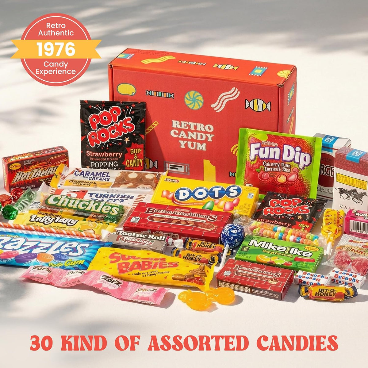Shrink wrapped retro candy assortment box by RETRO CANDY YUM for 1976 milestone celebrations.