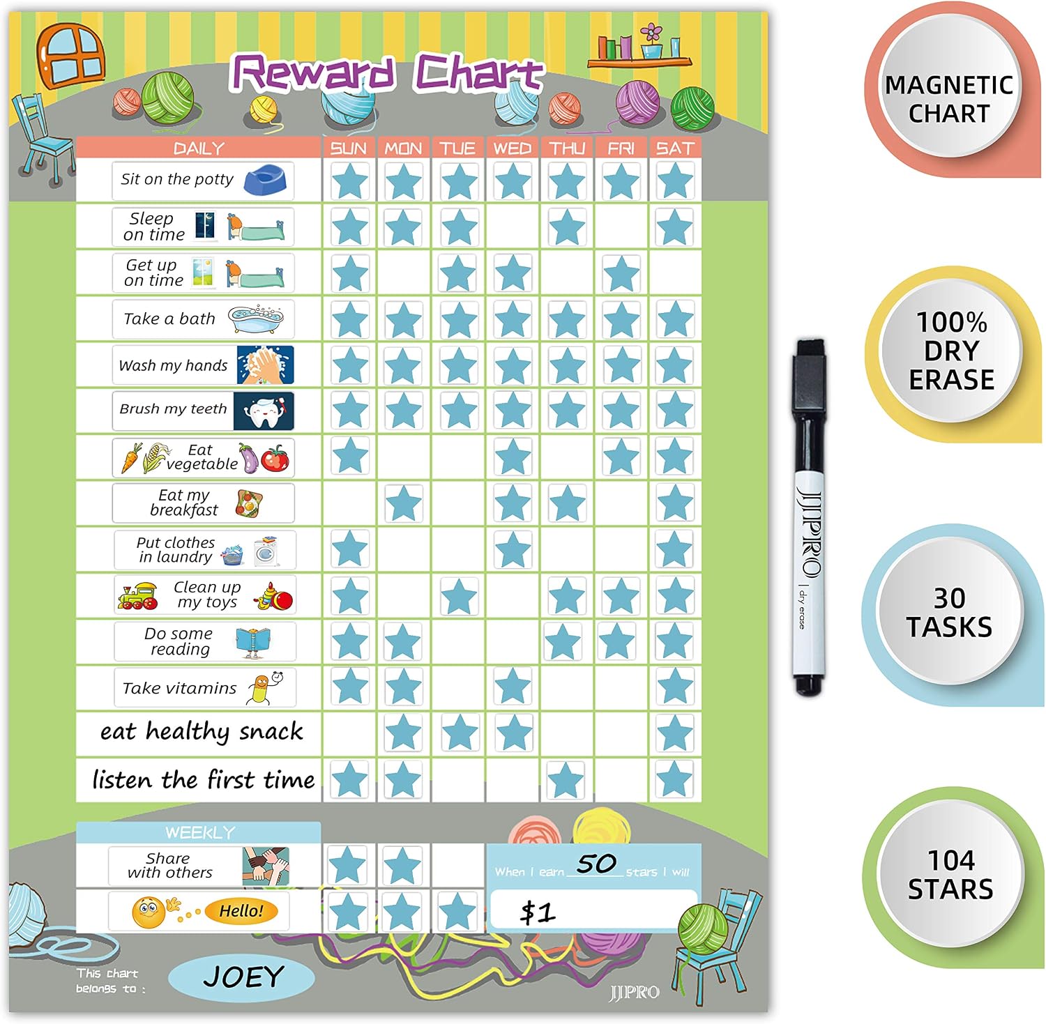 JJPRO Reward Chart for Kids, Dry Erase Routine Chart, Magnetic Behavior Chart for Kids, Star Chart for Kids Behavior at Home.Includes 30 tasks,104 Stars -11" x 14.5"- Green - Image 1