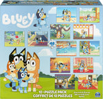 Spin Master Bluey Jigsaw Puzzles Twelve Pack front view showing colorful preschool character packaging.