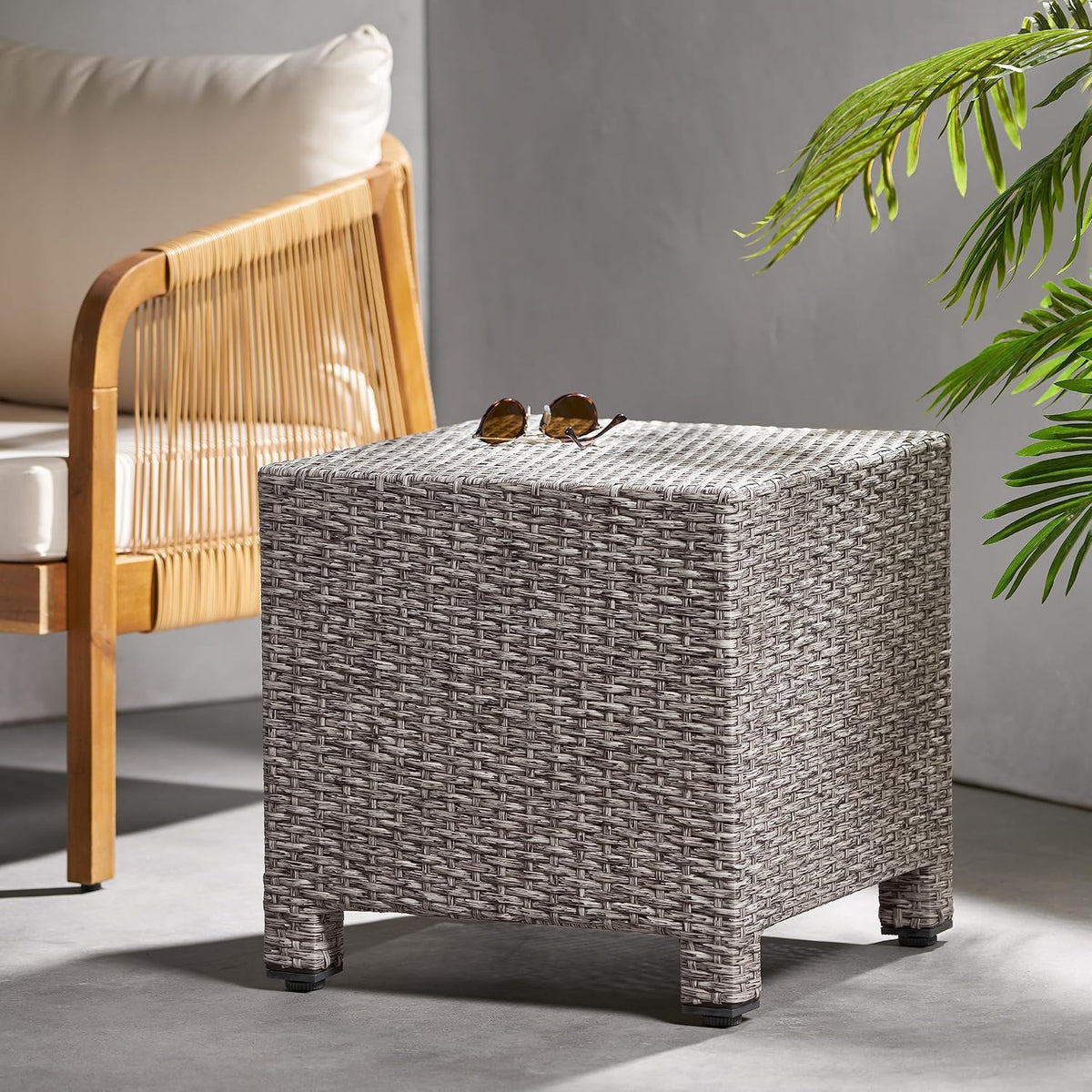 Wicker Rattan Side Table Patio Wicker Table, Outdoor Square Rattan Coffee Table End Table for Patio Porch Lawn, No Assembly Required (Gray) - Image 9