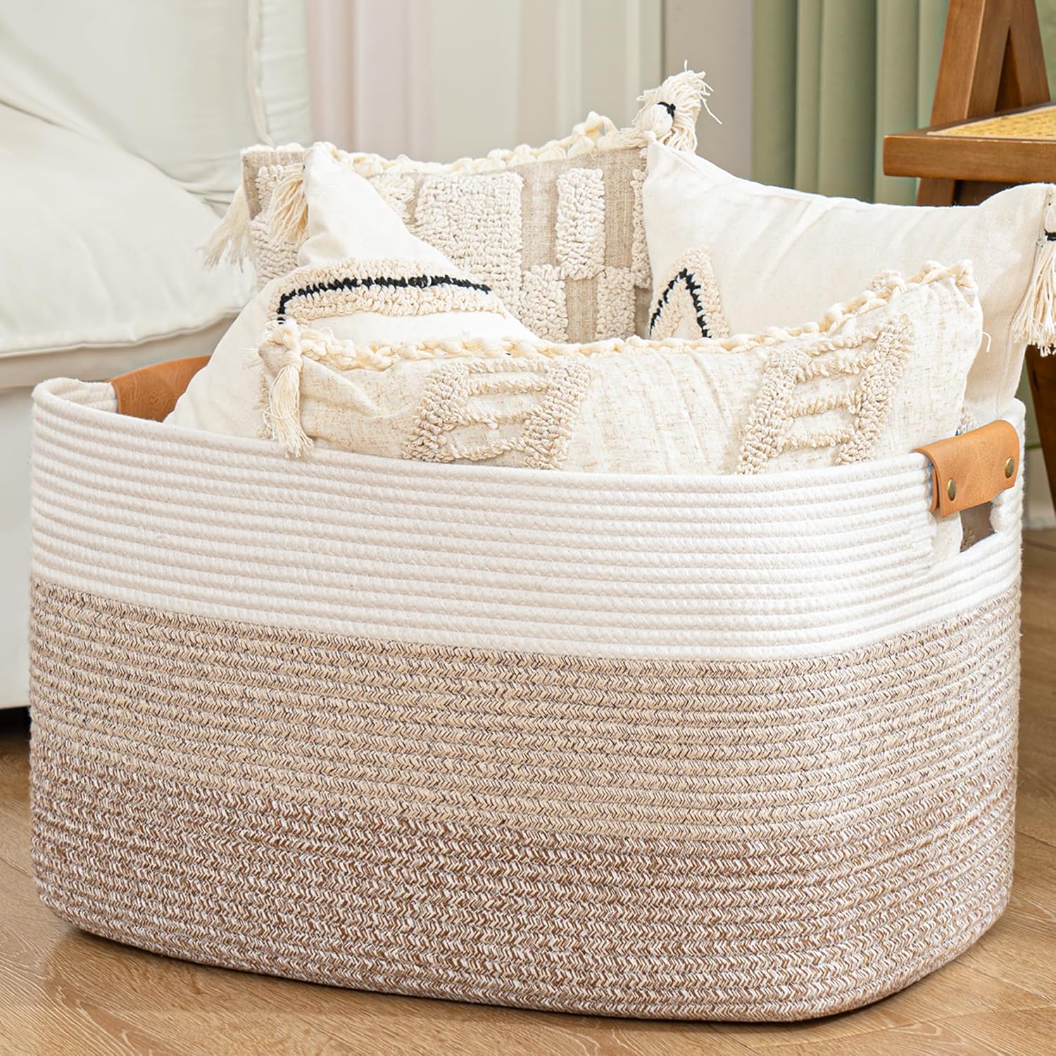 Danpinera large blanket basket front view showing gradient brown woven cotton design