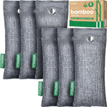 Innmily Activated Charcoal Odor Absorber 6 pack front view of natural bamboo bags.