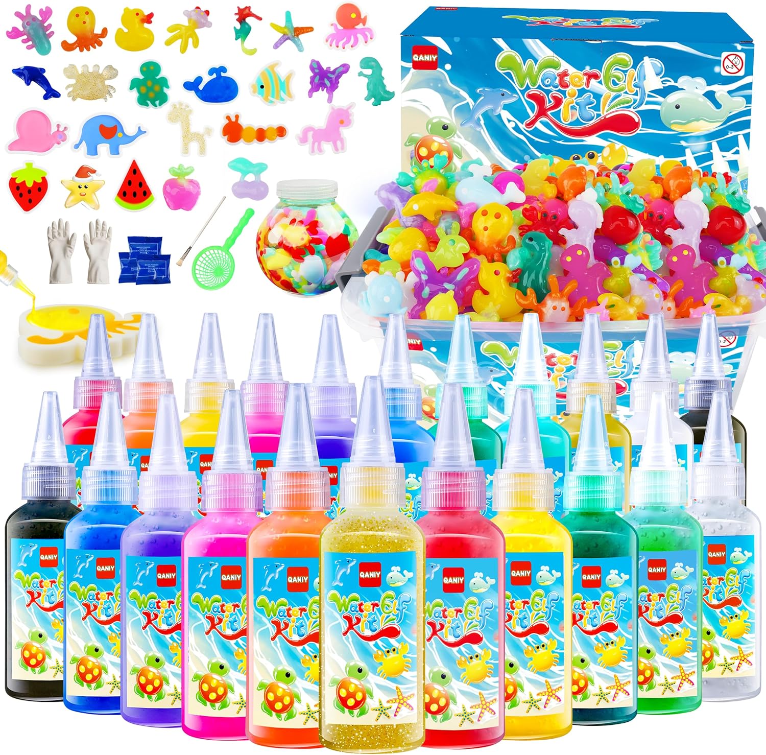 Qaniy Magic Water Elf Toy Kit with 20 gels and 24 molds front view