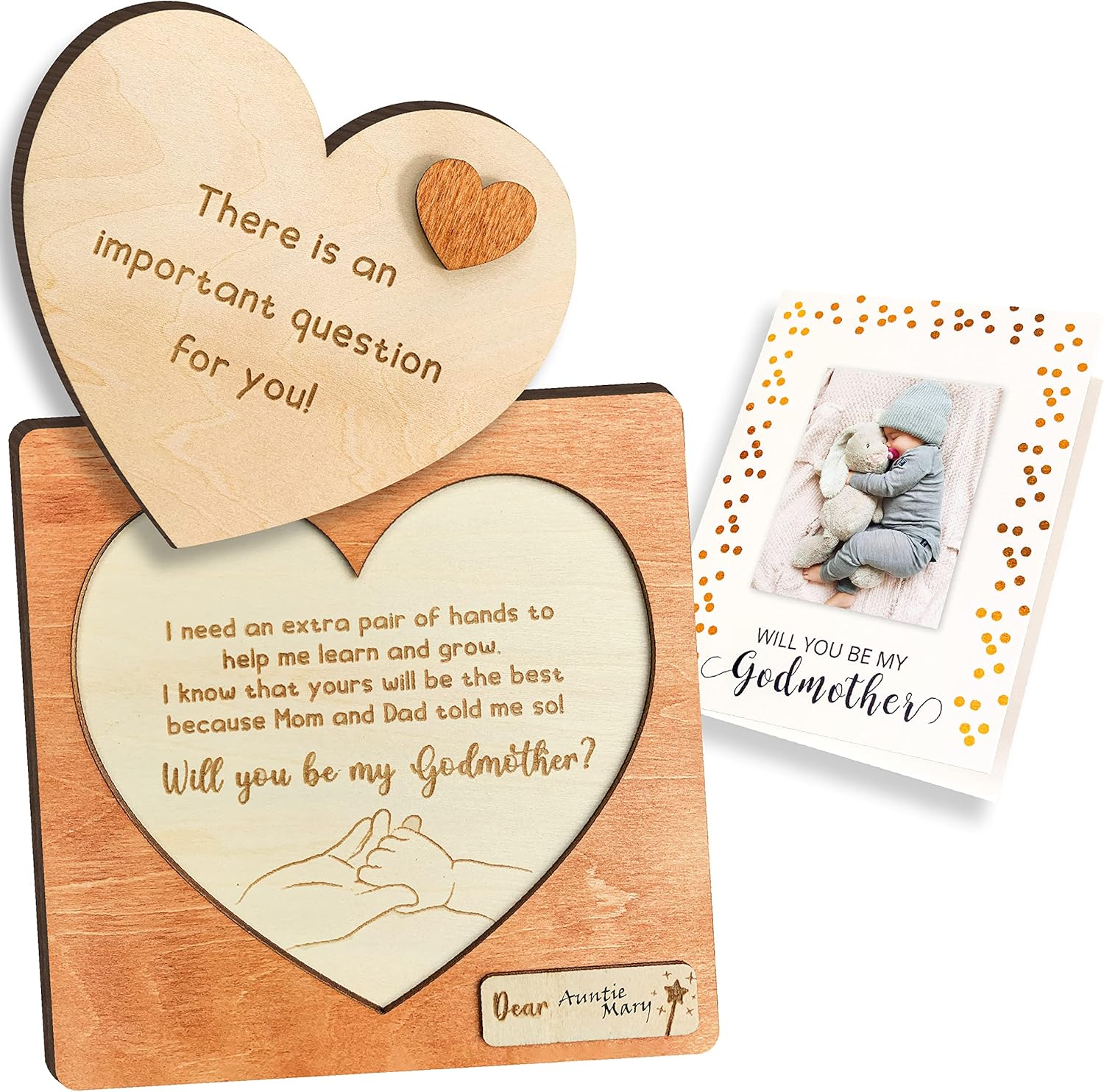 97 Decor Will You Be My Godmother Proposal Gift set with wooden puzzle sign and photo card front view