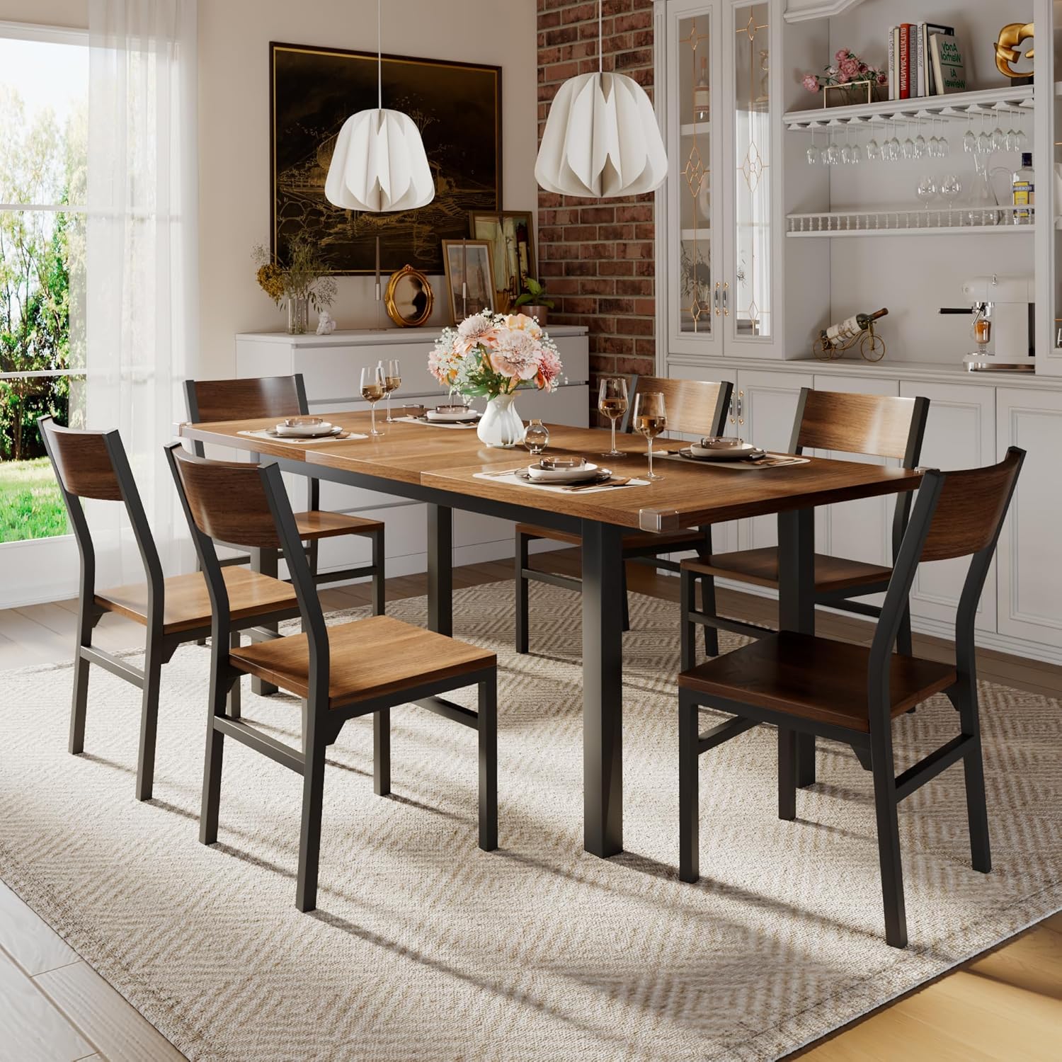 iPormis 7 Piece Dining Table Set in walnut finish front view showing extended table and six chairs