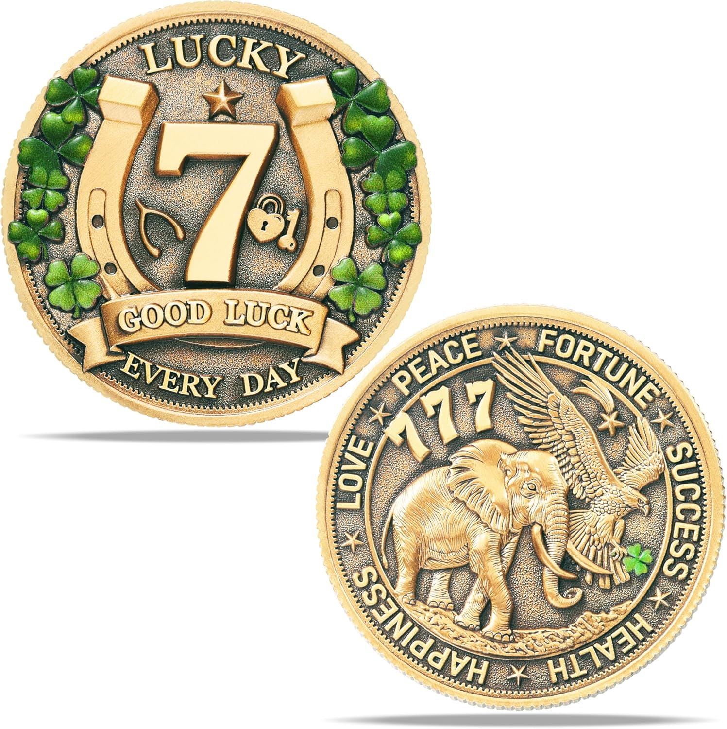 LParkin amuletos de proteccion lucky coin front view showing four leaf clover design