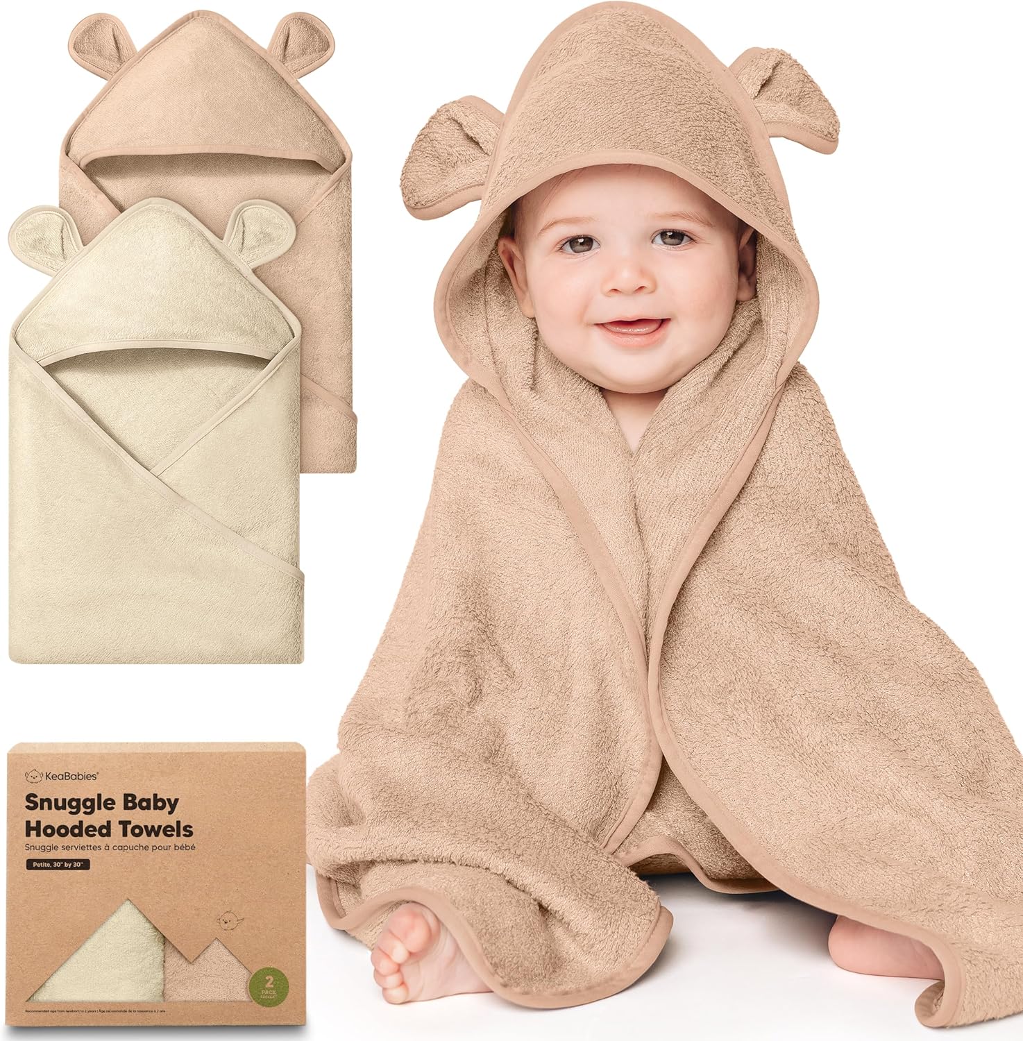 KeaBabies 2-pack hooded baby towels almond color front view