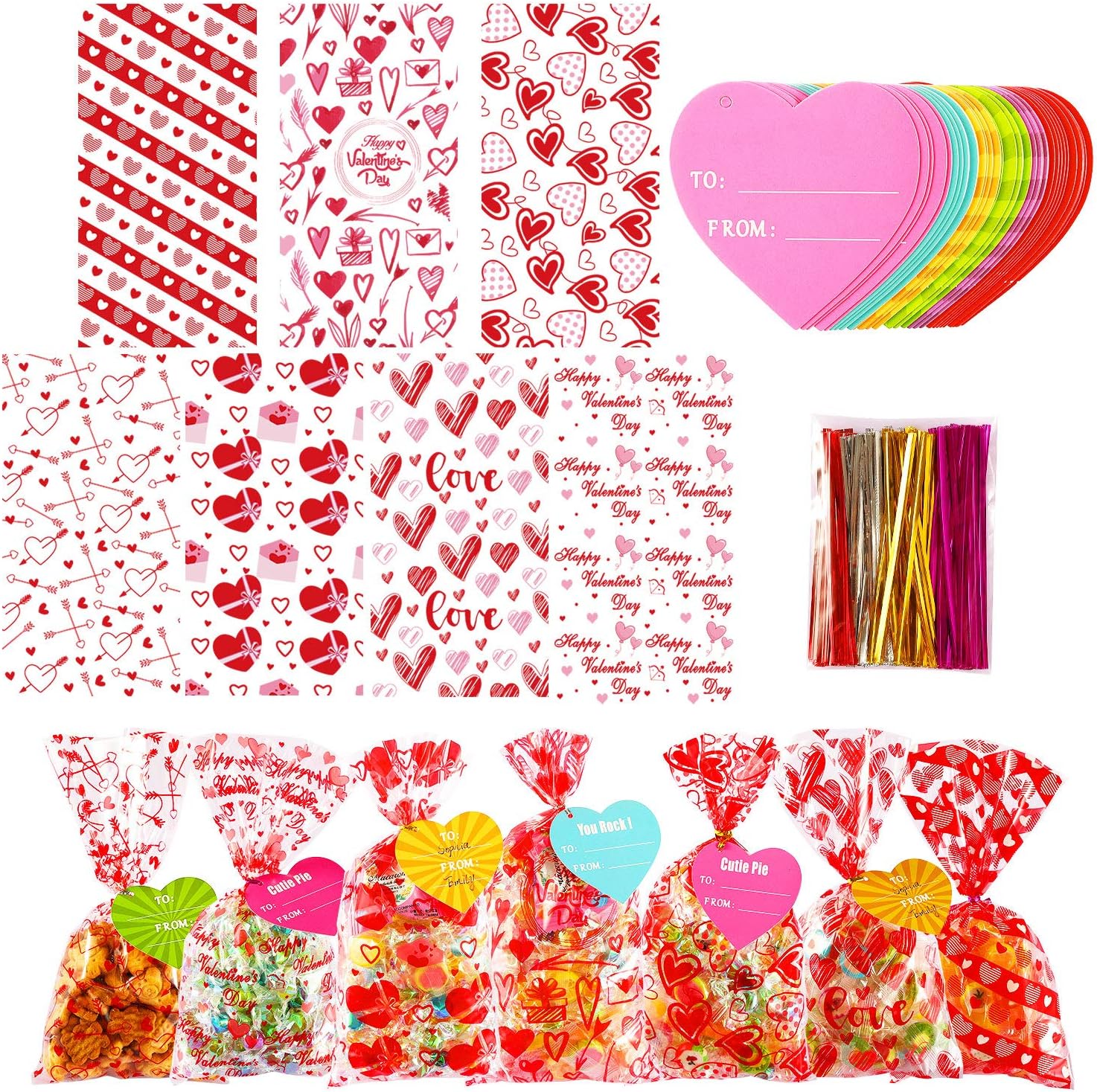 GLOCITI Valentines Cellophane Gift Bags front view of the complete packaging assortment kit