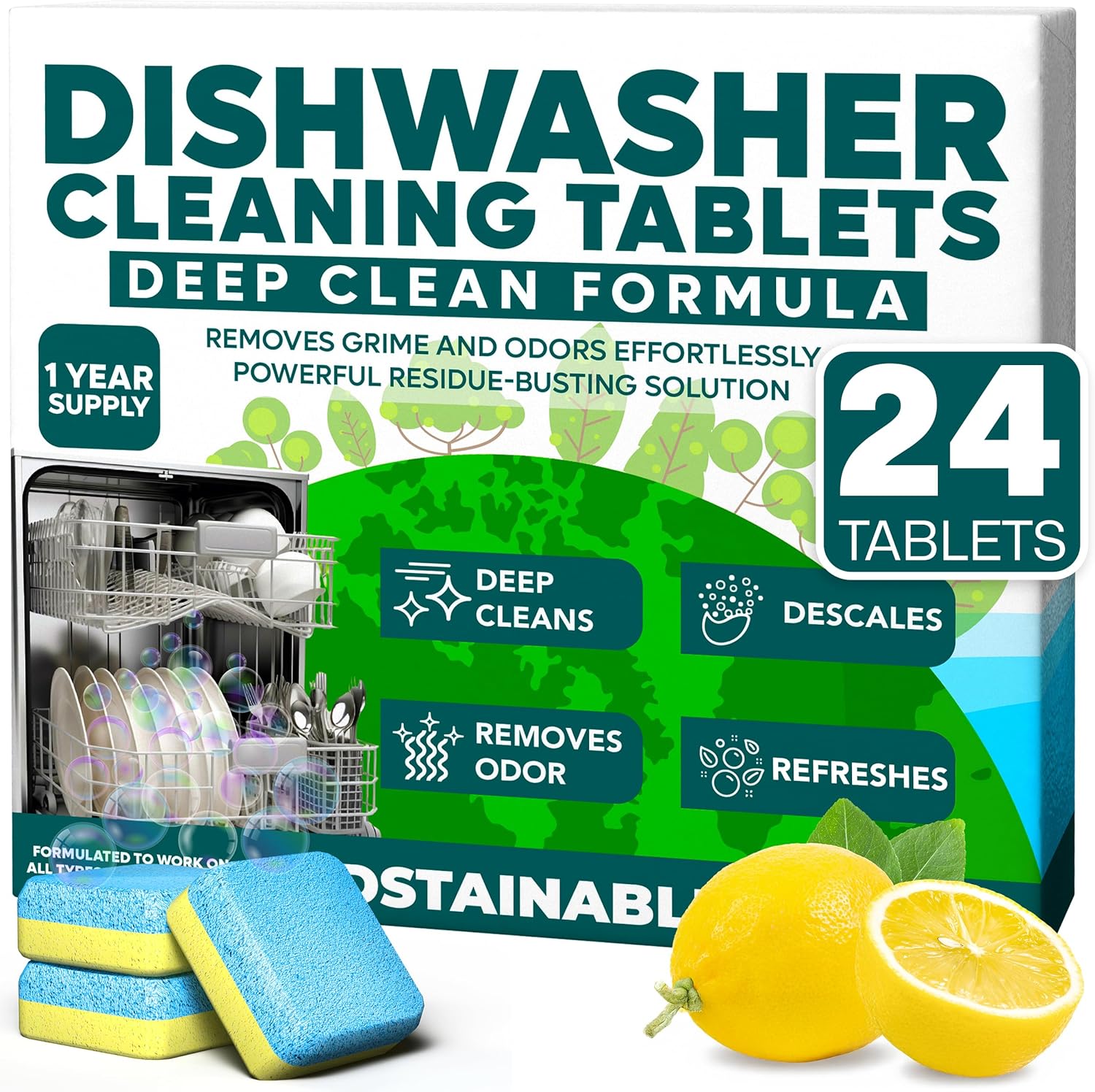 Sudstainables dishwasher cleaner and deodorizer tablets front packaging view