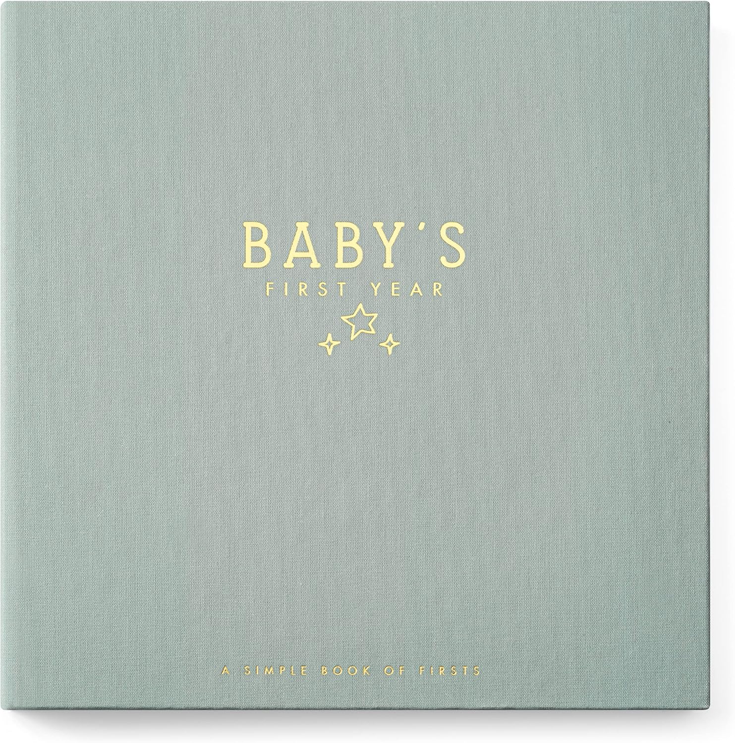 Lucy Darling Celestial Skies Baby Memory Book front view showing sage green linen cover and gold-embossed stars
