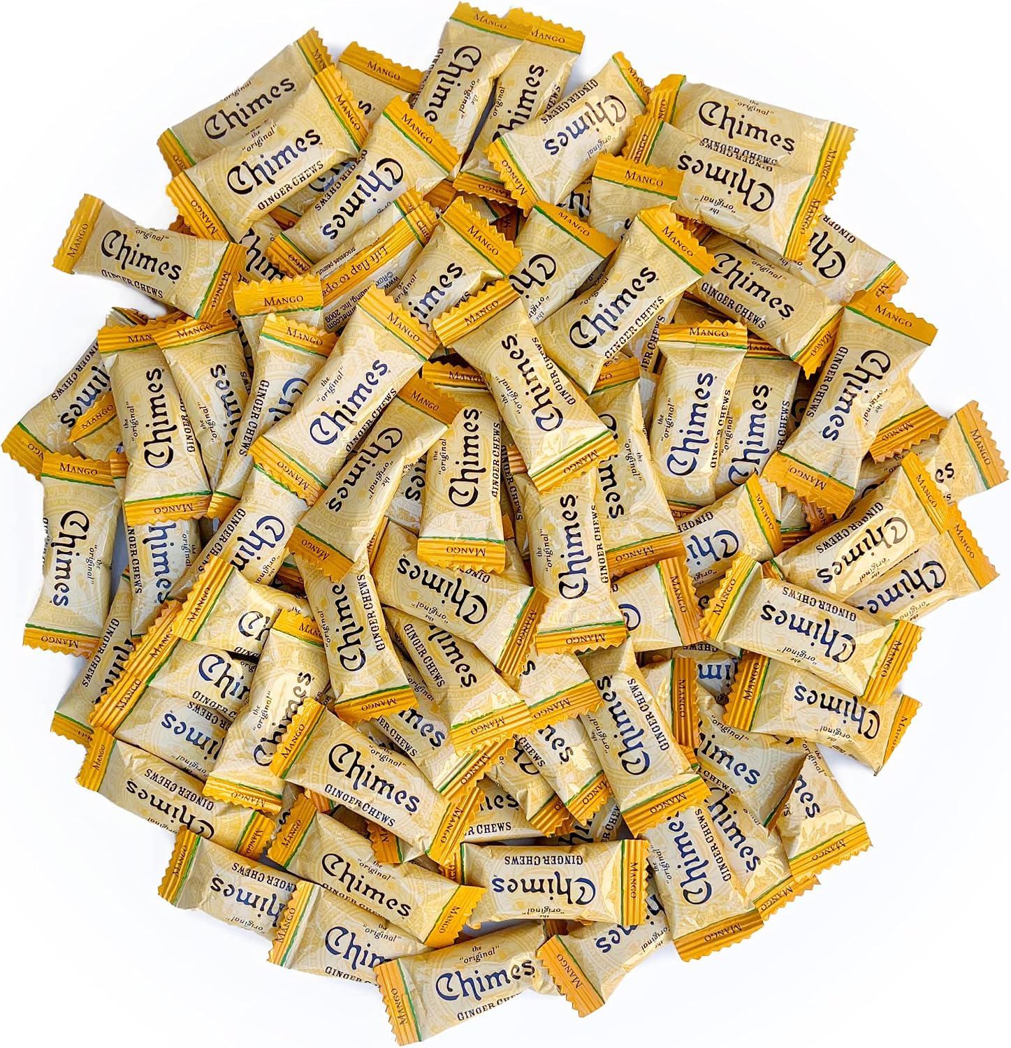 Chimes Mango Ginger Chews 1lb bag front view showing packaging details.