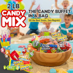 Two pound bag of assorted pinata candy mix featuring gummies and fruity chews