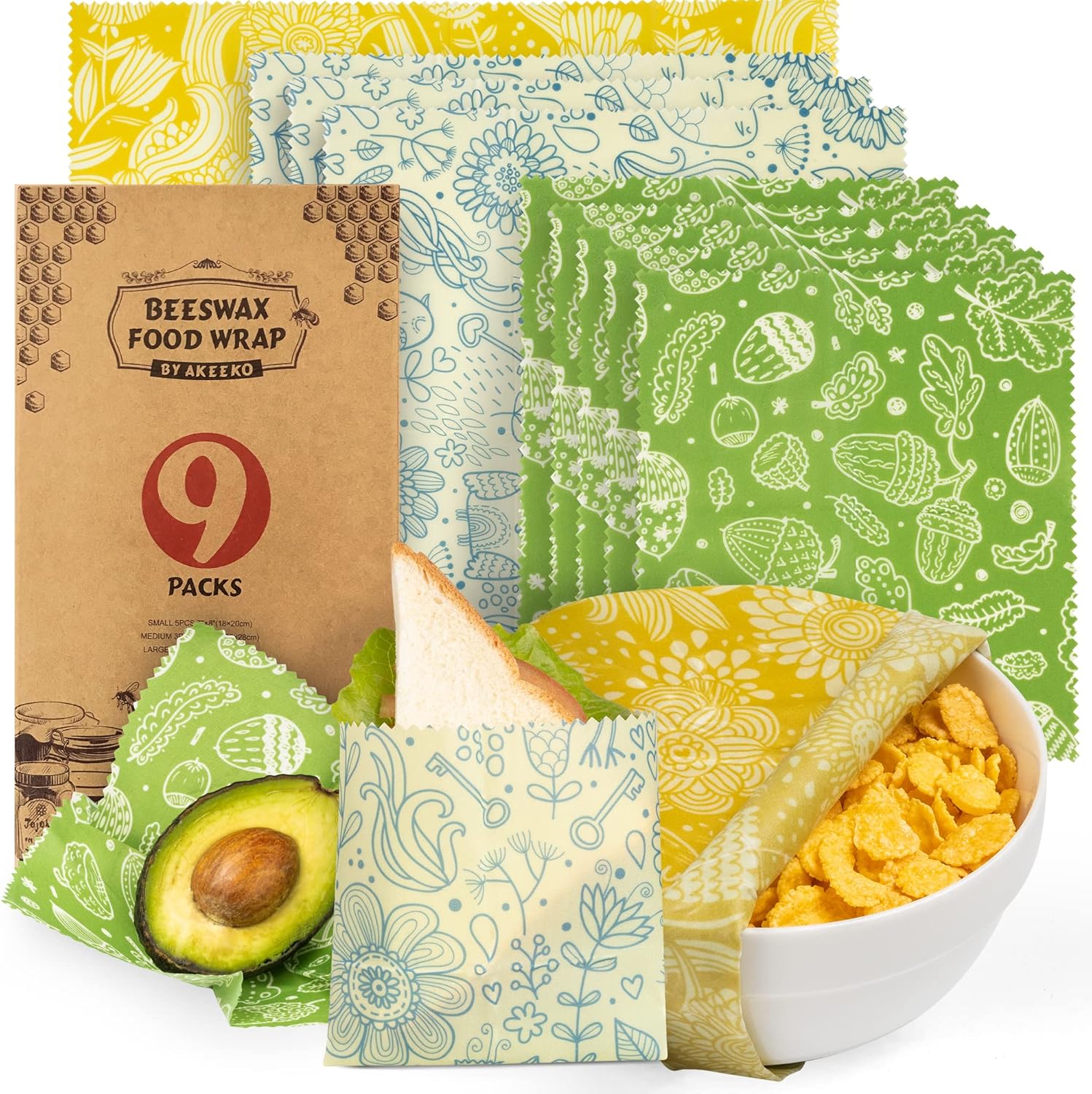 Akeeko Reusable Beeswax Food Wraps 9 pack front view sustainable storage
