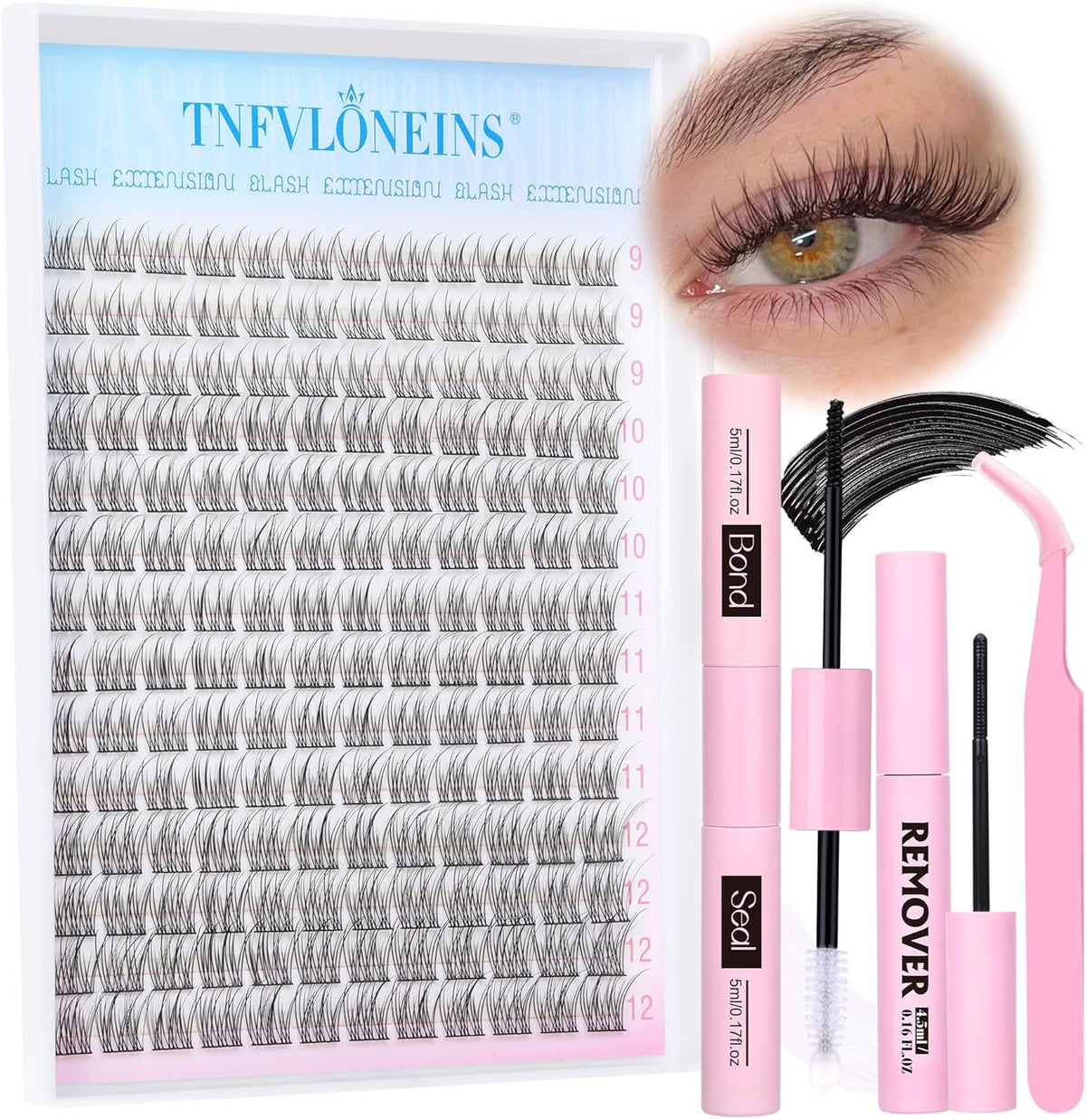 Natural Lash Extension Kit Wispy Lash Clusters Kit 168Pcs Eyelash Extension Kit 9-12MM Eyelash Clusters Lashes Individual Kit with Remover for Lash Extension, Bond and Seal and Tweezers by TNFVLONEINS - Image 1