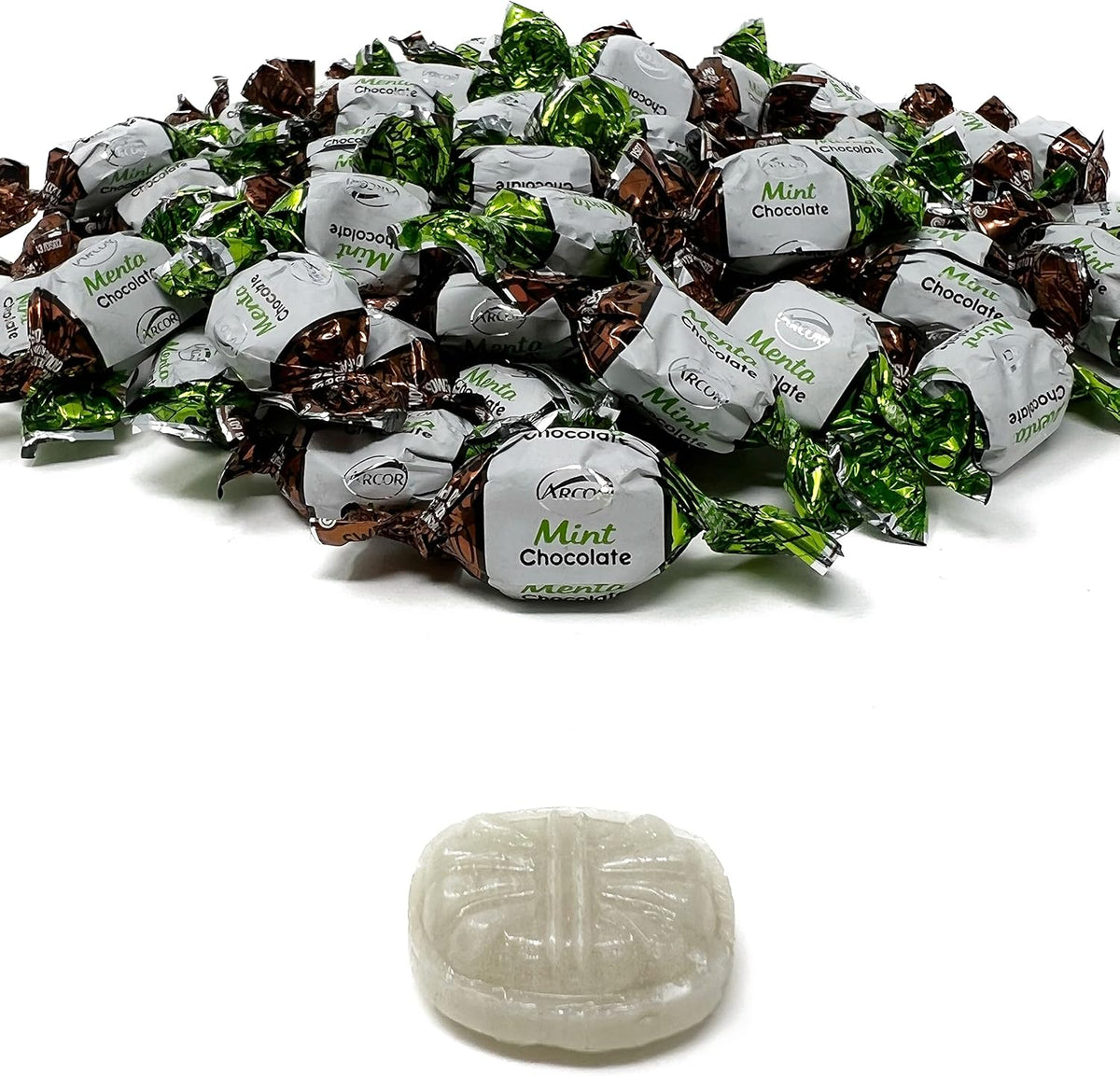 Hard candy peppermint shell with chocolate filling inside