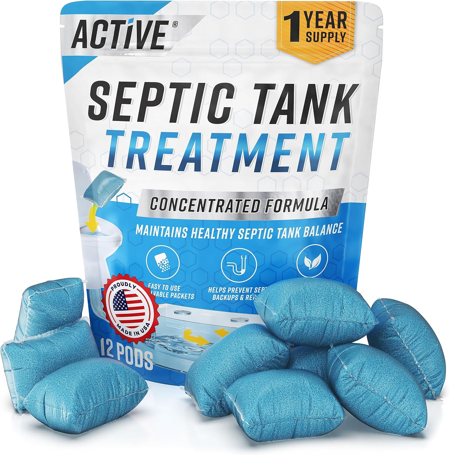 Active Septic Tank System Treatment Pods front view showing packaging with twelve dissolving packets.