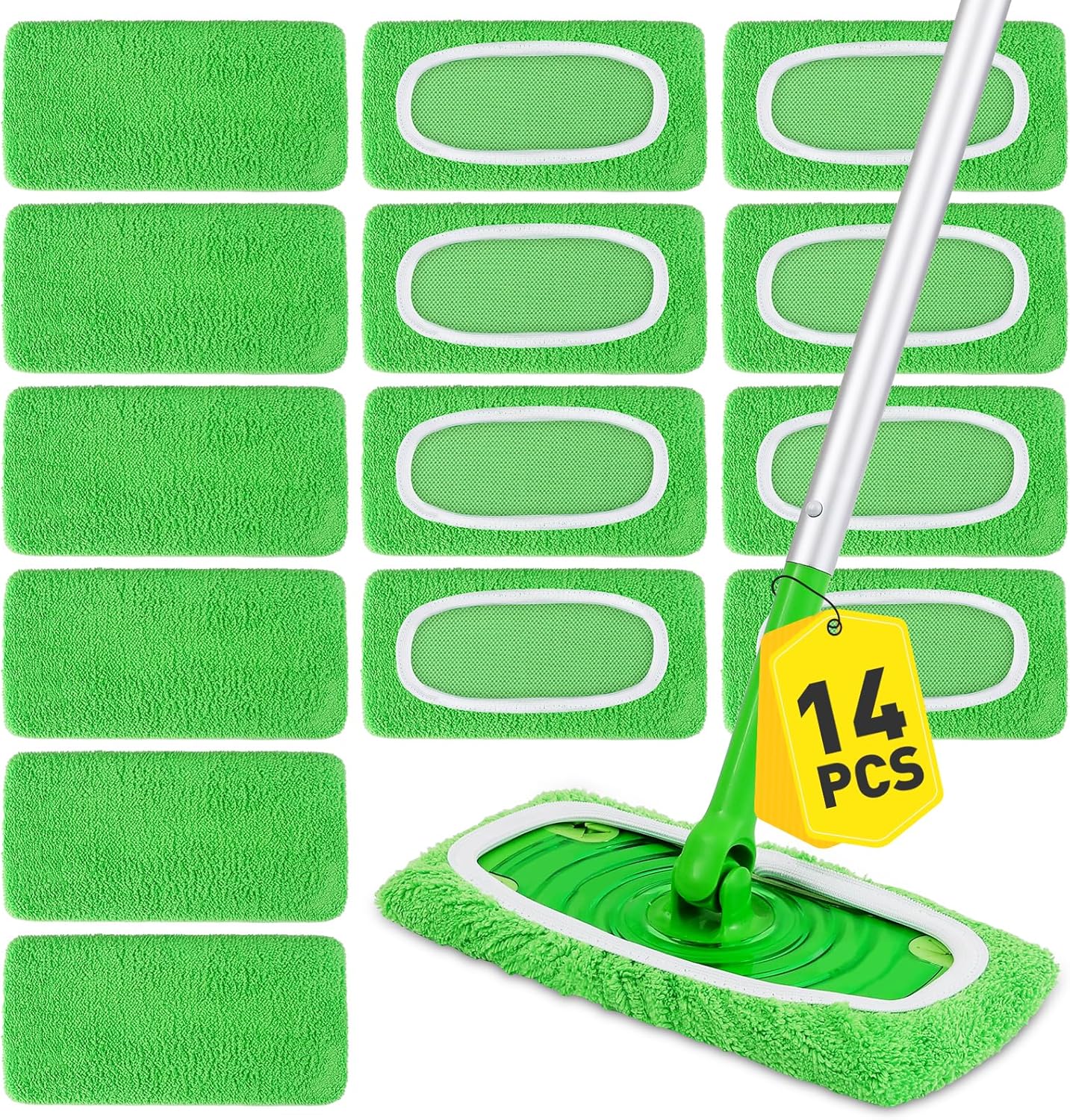 NEOACT reusable microfiber mop pads pack front view showing green cleaning cloths.