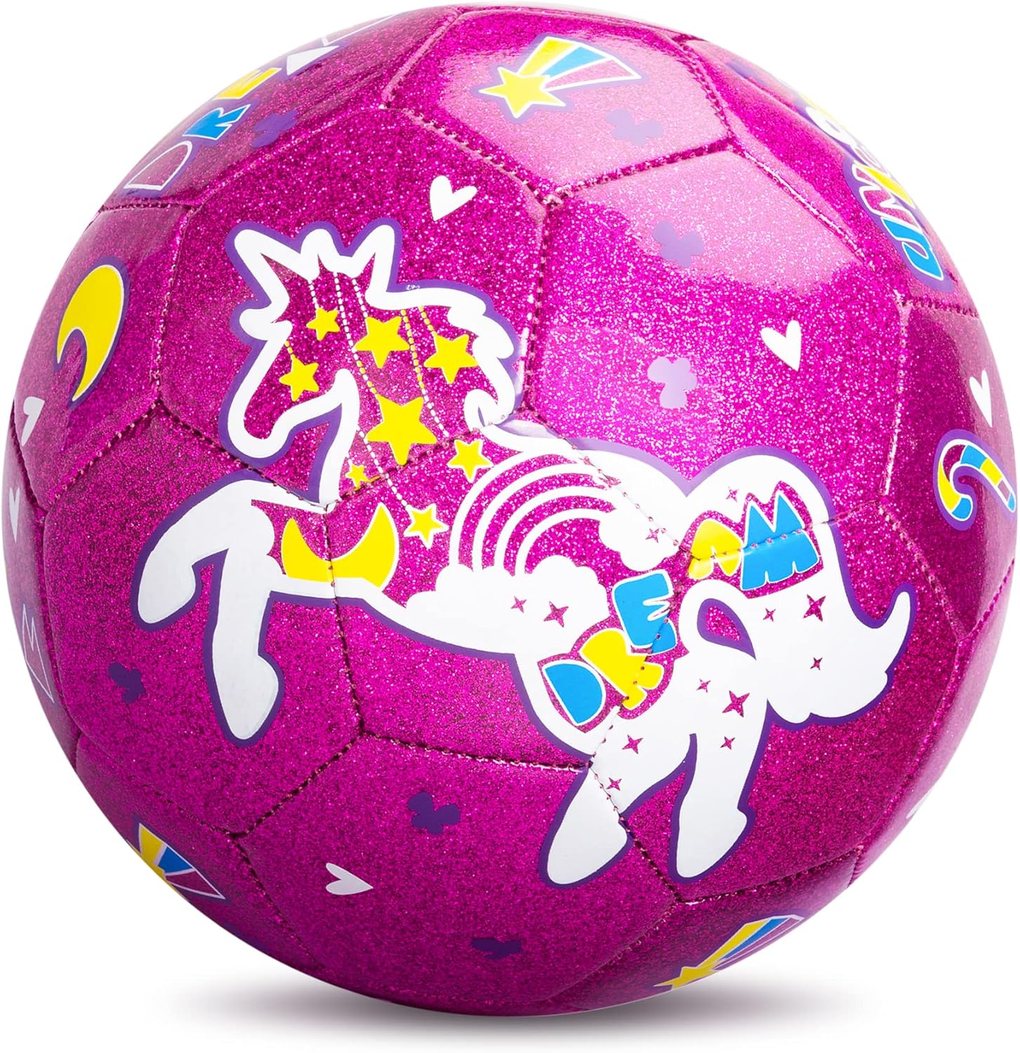 ZOOJOY pink unicorn soccer ball front view showing glittery cartoon graphics