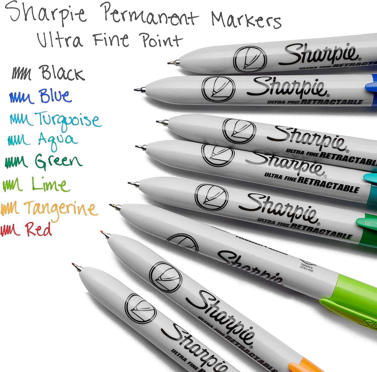Sharpie permanent markers displaying assorted ink color swatches