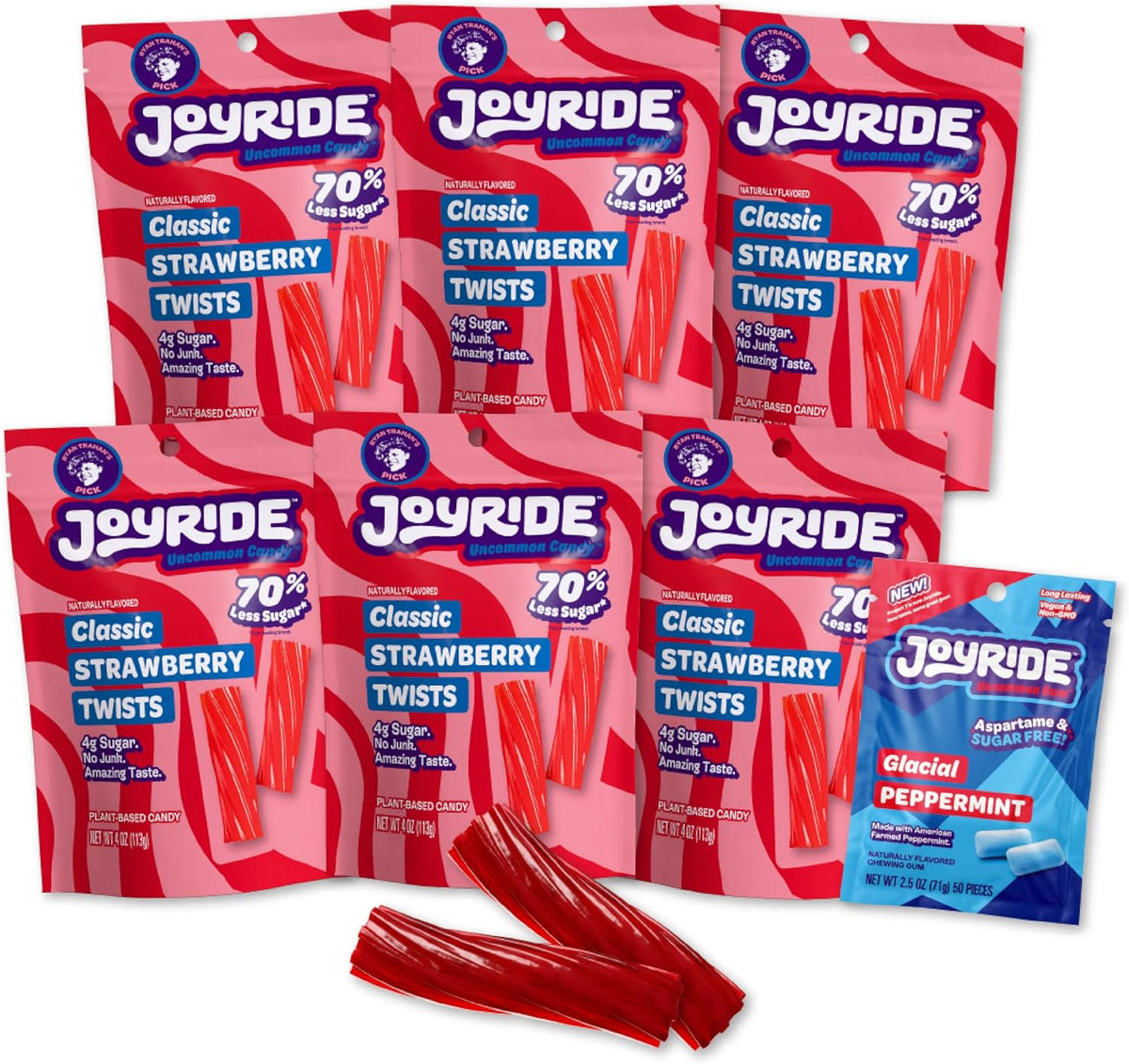 JOYRIDE Cherry Berry Ropes - 3.5 oz 6-Pack Bundle with 2.5oz Glacial Peppermint Gum, Tart Cherry Licorice, Low Calorie Candy, Low Sugar & Low Carb, Fiber Snack (7 Items) - Image 10