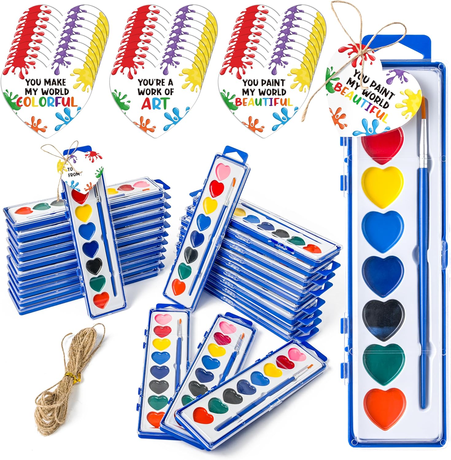 CPicdn Valentine's Day watercolor kids card set front view showing twenty four bulk packages.