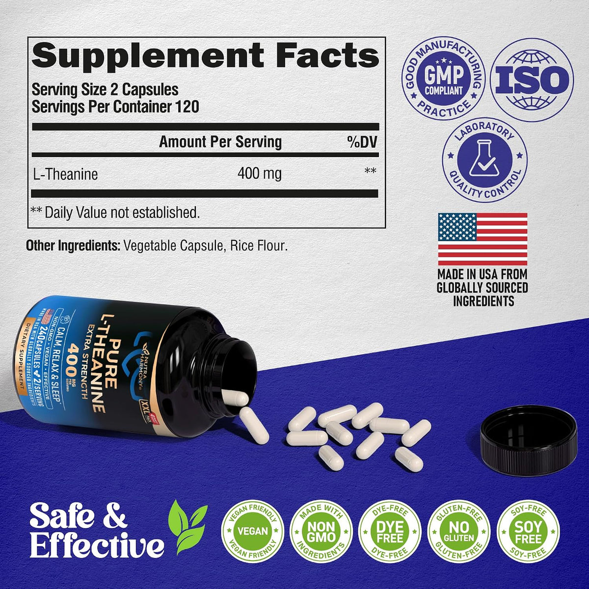 NutraHarmony L-Theanine dietary supplement bottle lifestyle flat lay