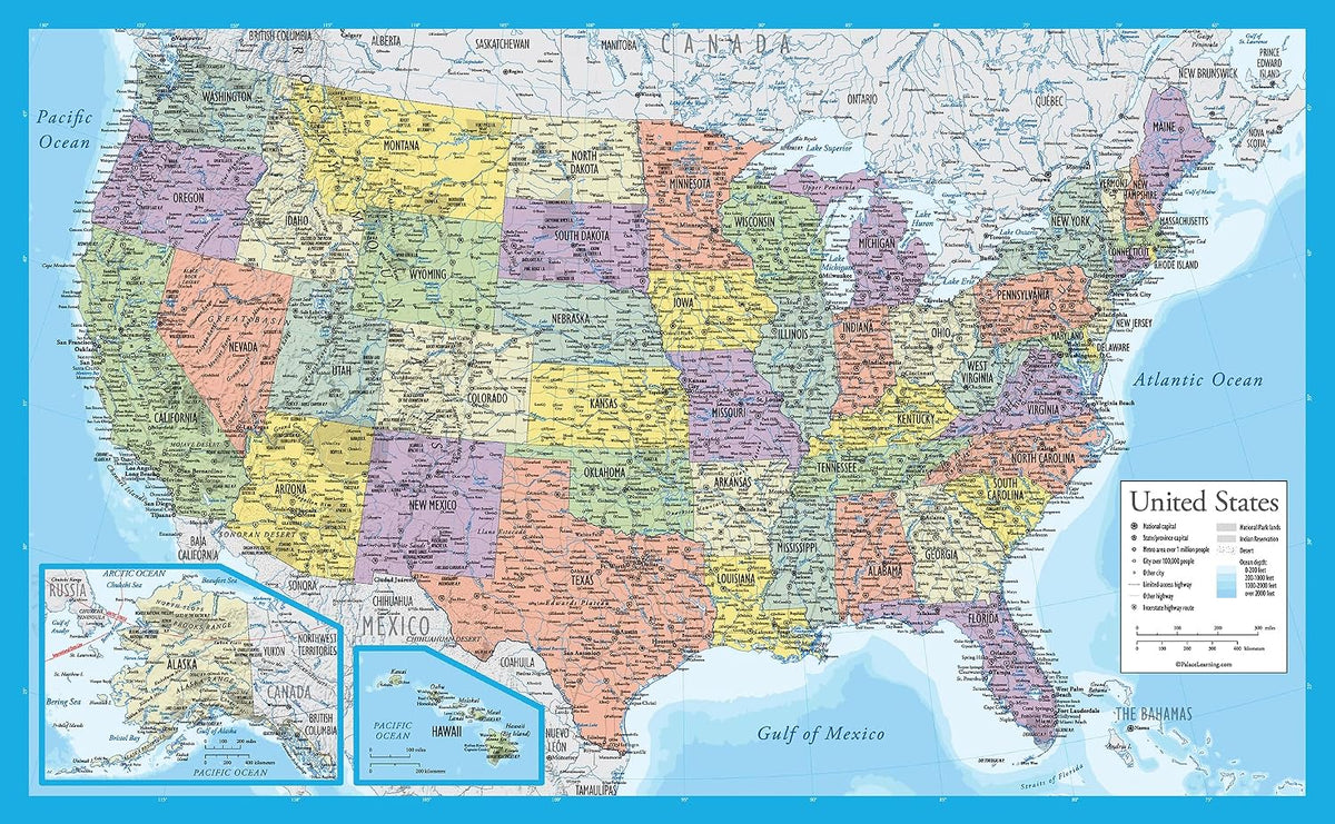 Yellow color toned US wall map mounted on a wall